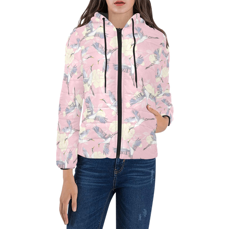 Japanese crane rose pattern Women's Padded Hooded Jacket