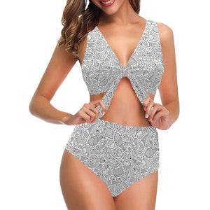 Cartoon hand drawn ice cream black white Chest Bowknot High Waisted Bikini Swimsuit