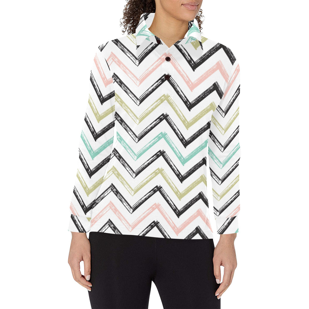 zigzag chevron paint pattern Women's Long Sleeve Polo Shirt