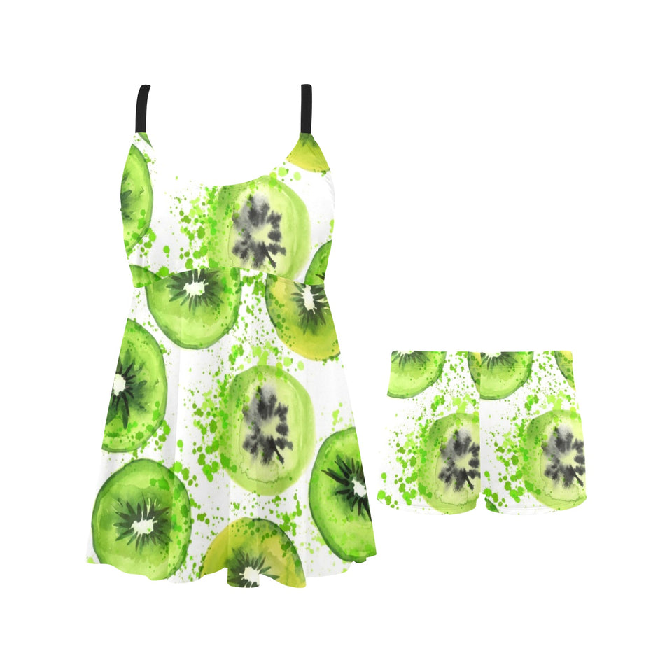 Watercolor kiwi pattern Chest Sexy Pleated Two Piece Swim Dress