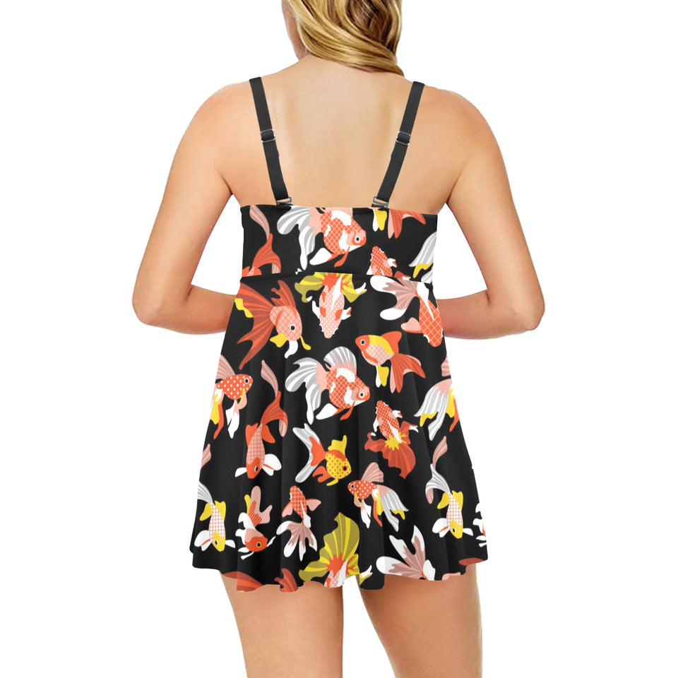 Goldfish Pattern Print Design 03 Chest Sexy Pleated Two Piece Swim Dress