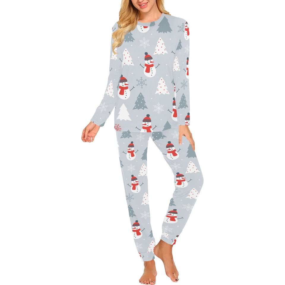 Snowman christmas tree snow gray background Women's All Over Print Pajama Set