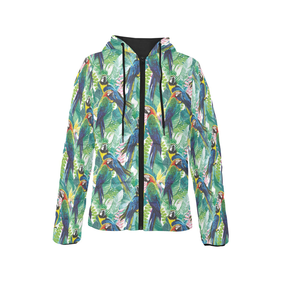 Colorful parrot exotic flower leaves Women's Padded Hooded Jacket