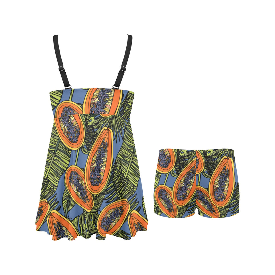 Colorful papaya tropical leaves Chest Sexy Pleated Two Piece Swim Dress