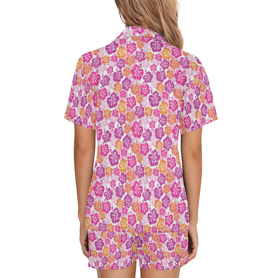Hibiscus Pattern Print Design 01 Women's V-Neck Short Pajama Set