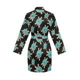Sea turtle blue stone pattern Women's Long Sleeve Belted Night Robe