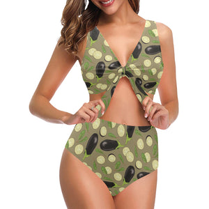 Eggplant Pattern Print Design 02 Chest Bowknot High Waisted Bikini Swimsuit
