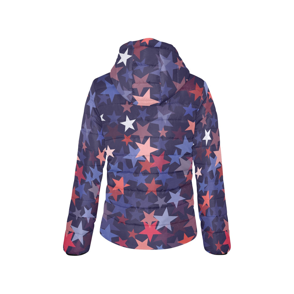 Red blue star pattern Women's Padded Hooded Jacket