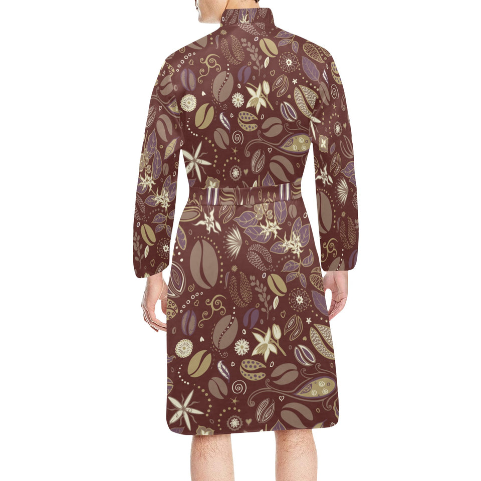 Coffee bean flower pattern Men's Long Sleeve Belted Night Robe
