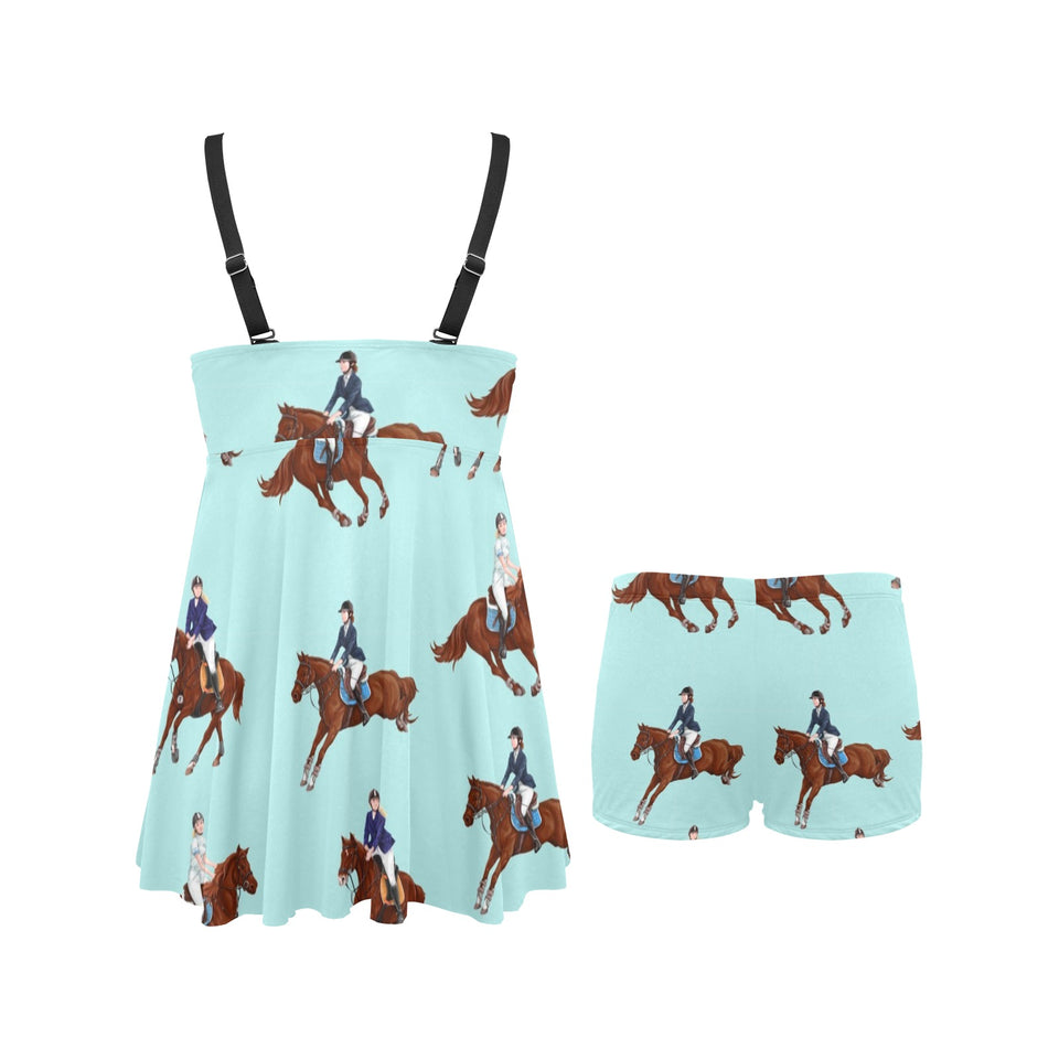 Horses running horses rider pattern Chest Sexy Pleated Two Piece Swim Dress