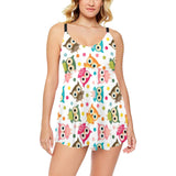 Color cute owl pattern Chest Sexy Pleated Two Piece Swim Dress