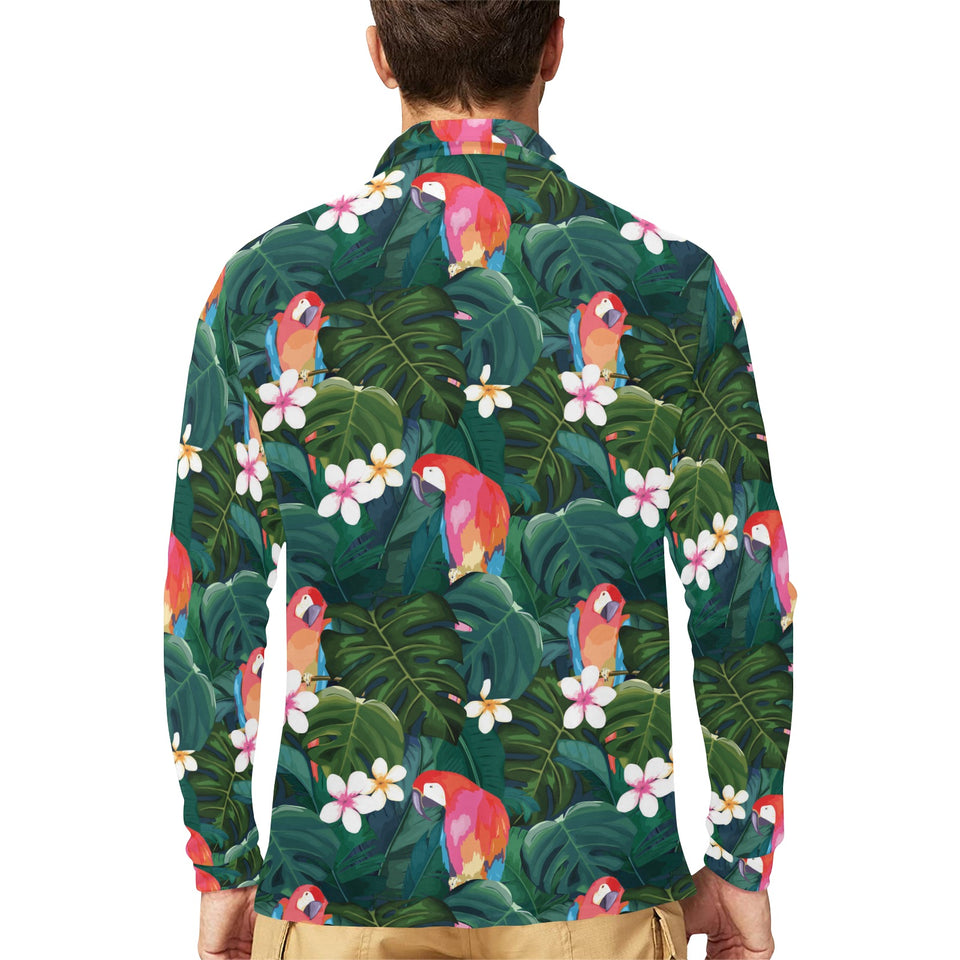 Parrot Palm tree leaves flower hibiscus pattern Men's Long Sleeve Polo Shirt
