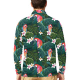 Parrot Palm tree leaves flower hibiscus pattern Men's Long Sleeve Polo Shirt