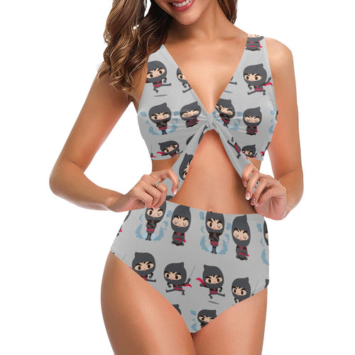 Cute ninja pattern Chest Bowknot High Waisted Bikini Swimsuit