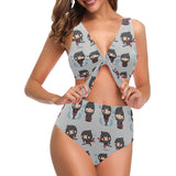 Cute ninja pattern Chest Bowknot High Waisted Bikini Swimsuit