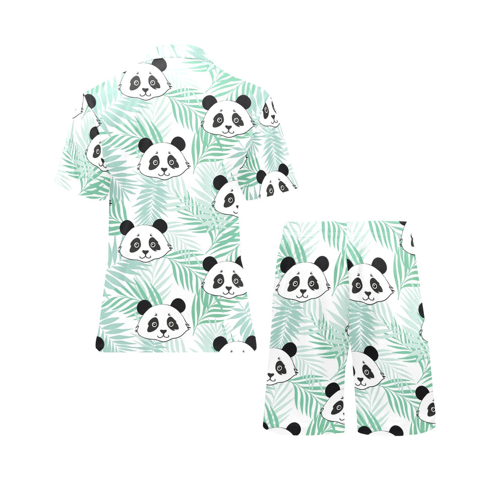 Panda pattern tropical leaves background Men's V-Neck Short Pajama Set