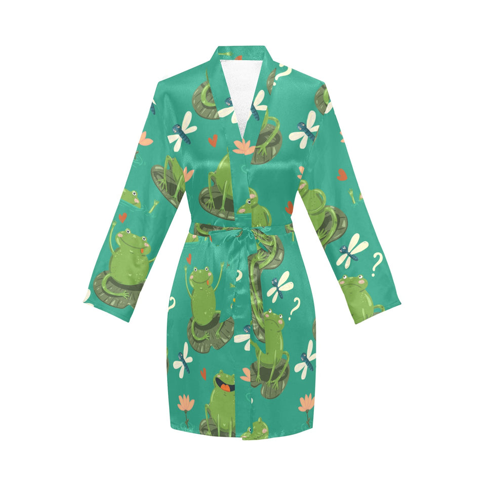 Cute frog dragonfly design pattern Women's Long Sleeve Belted Night Robe