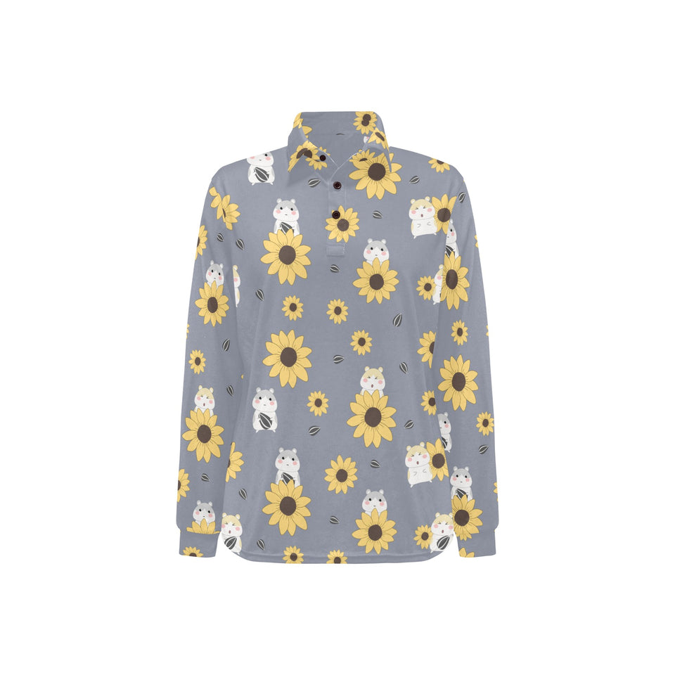 Cute hamster sunflower pattern background Women's Long Sleeve Polo Shirt