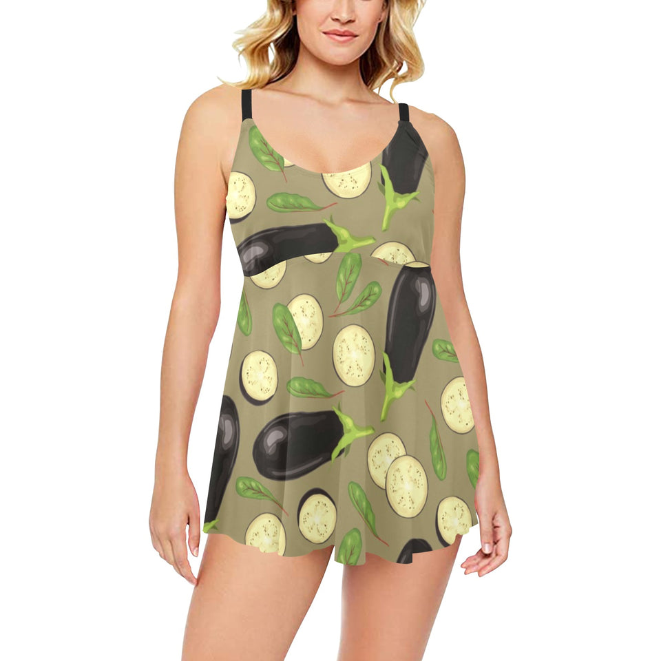 Eggplant Pattern Print Design 02 Chest Sexy Pleated Two Piece Swim Dress