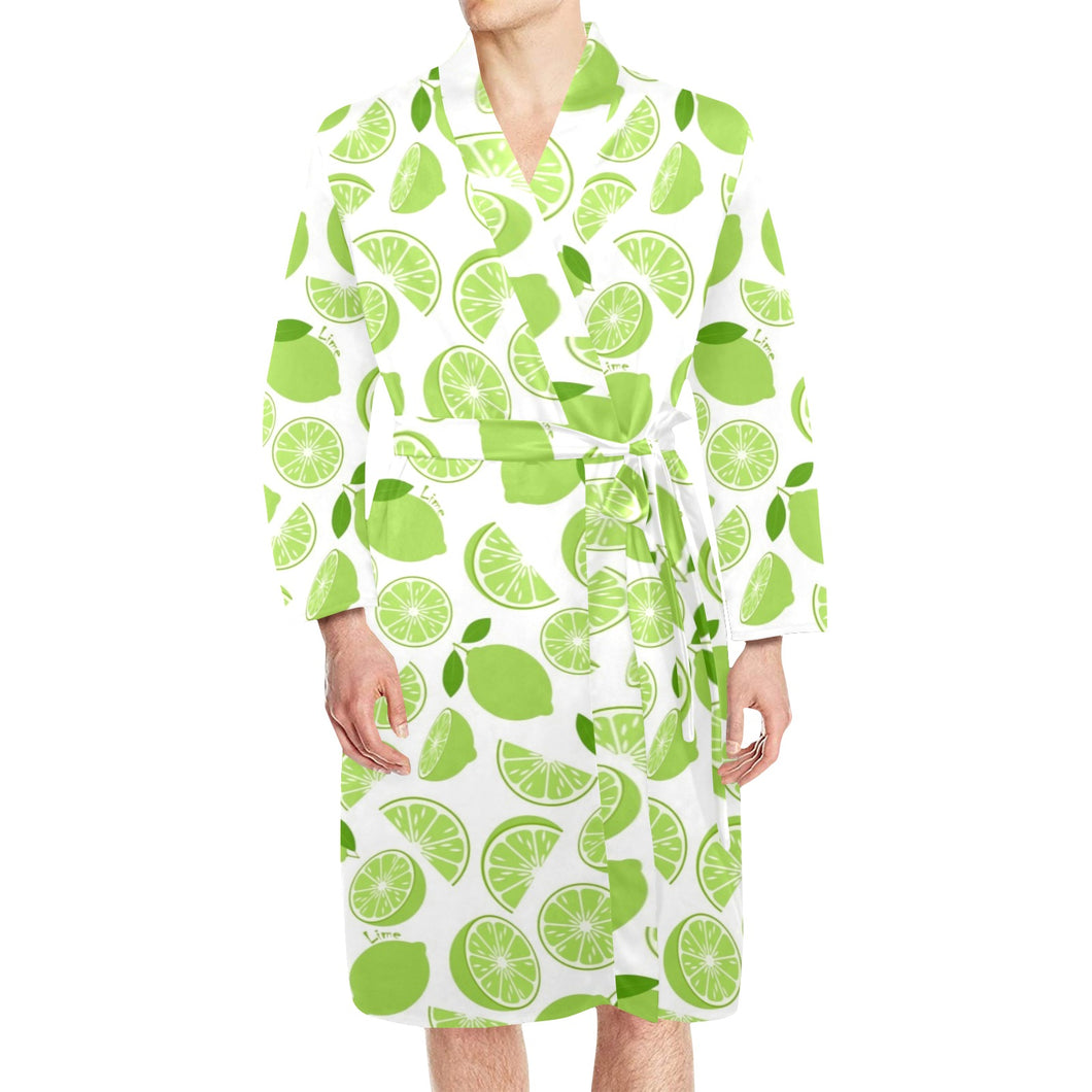 Lime design pattern Men's Long Sleeve Belted Night Robe