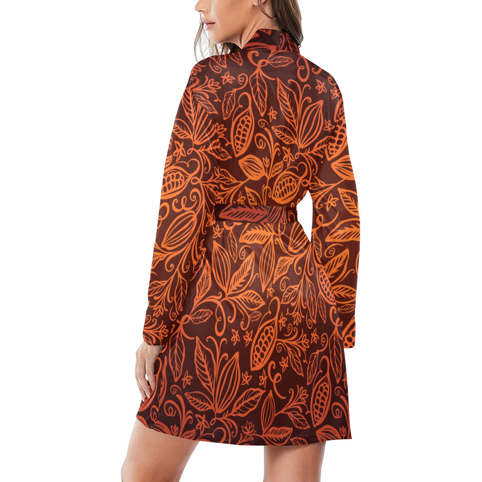 cacao beans tribal polynesian pattern Women's Long Sleeve Belted Night Robe