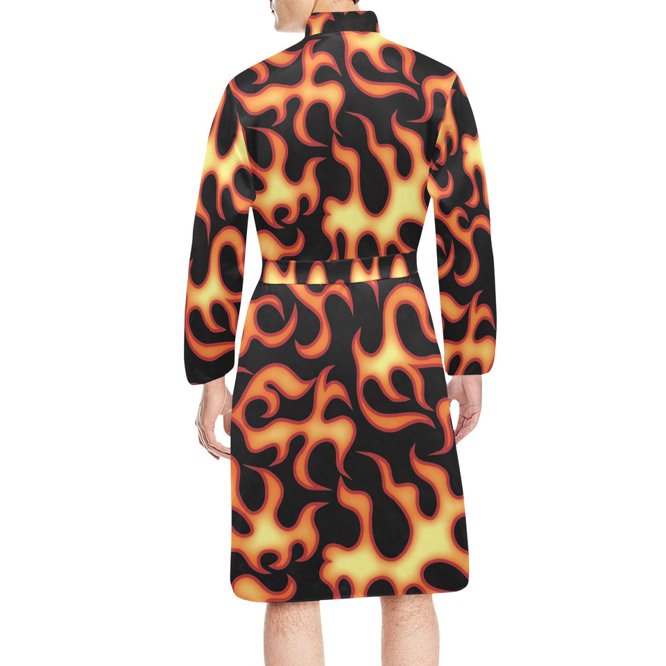 Fire flame dark pattern Men's Long Sleeve Belted Night Robe