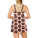 Lips Pattern Print Design 02 Chest Sexy Pleated Two Piece Swim Dress