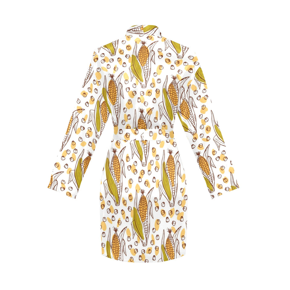 Corn Pattern Print Design 02 Women's Long Sleeve Belted Night Robe