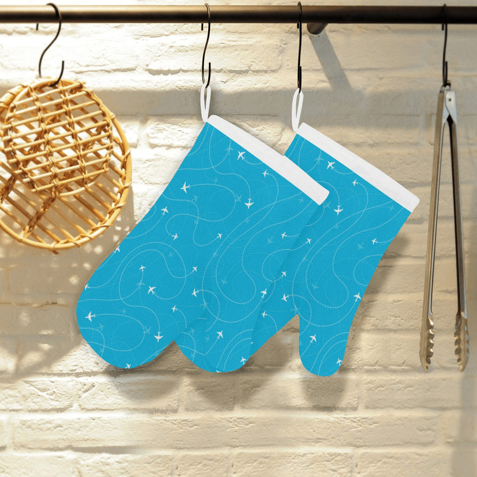 Airplane destinations blue background Heat Resistant Oven Mitts