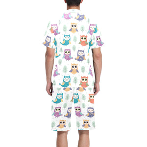 Cute owl pattern Men's V-Neck Short Pajama Set