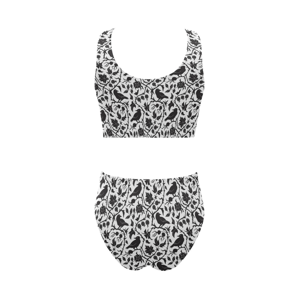 Crow dark floral pattern Chest Bowknot High Waisted Bikini Swimsuit