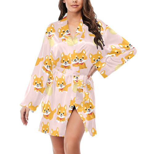 Cute shiba inu dog pattern Women's Long Sleeve Belted Night Robe