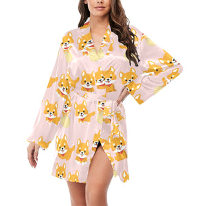 Cute shiba inu dog pattern Women's Long Sleeve Belted Night Robe
