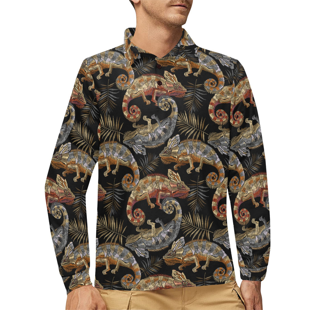 Chameleon lizard tropical leaves palm tree Men's Long Sleeve Polo Shirt