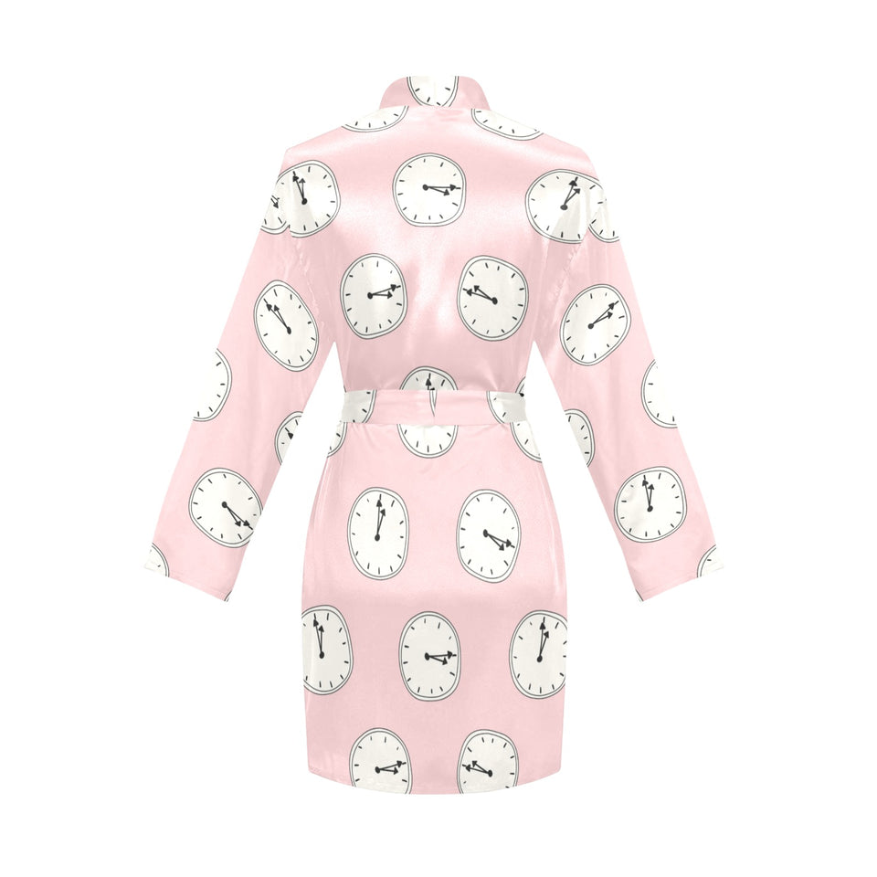 Clock pattern pink blackground Women's Long Sleeve Belted Night Robe