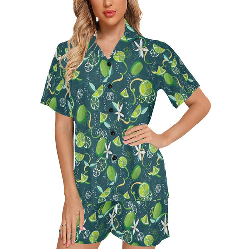 Lime ice flower pattern Women's V-Neck Short Pajama Set