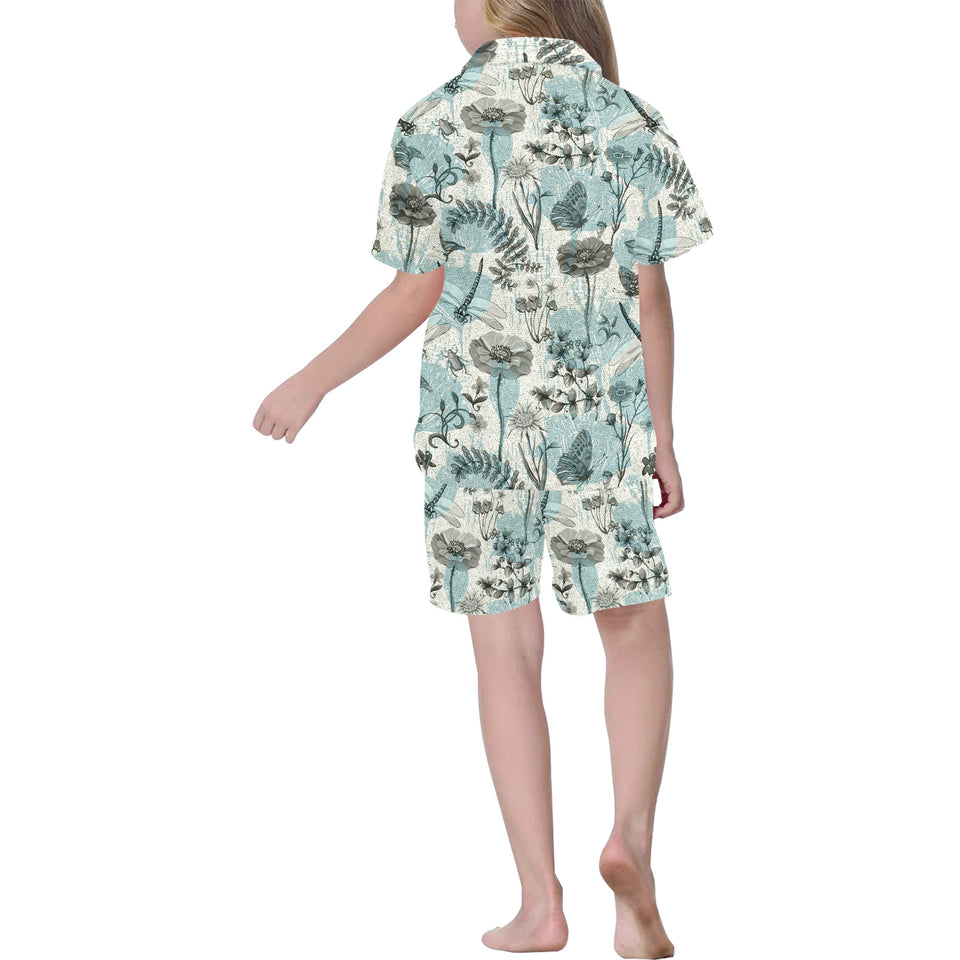 Dragonfly Butterfly Plants insect flower vintage s Kids' Boys' Girls' V-Neck Short Pajama Set