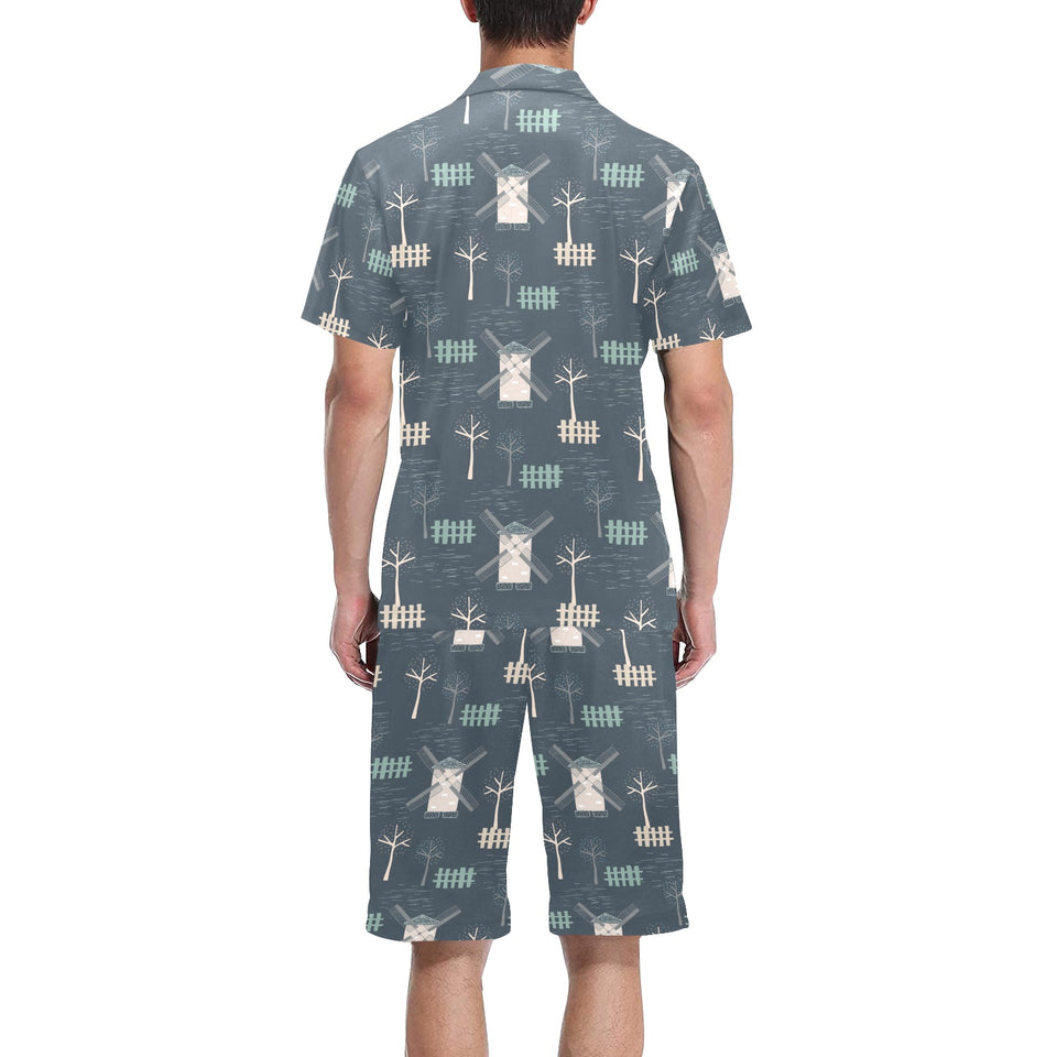 windmill tree pattern Men's V-Neck Short Pajama Set