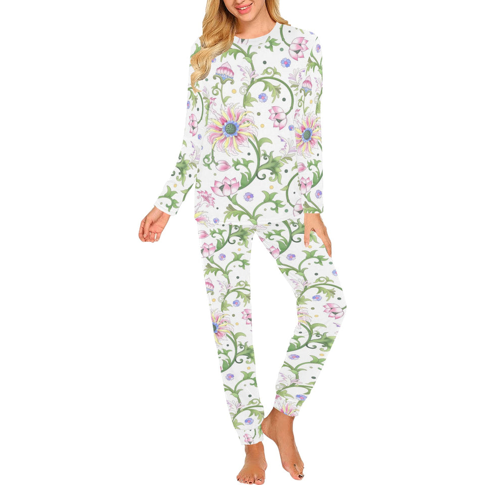 Beautiful pink lotus waterlily leaves pattern Women's All Over Print Pajama Set