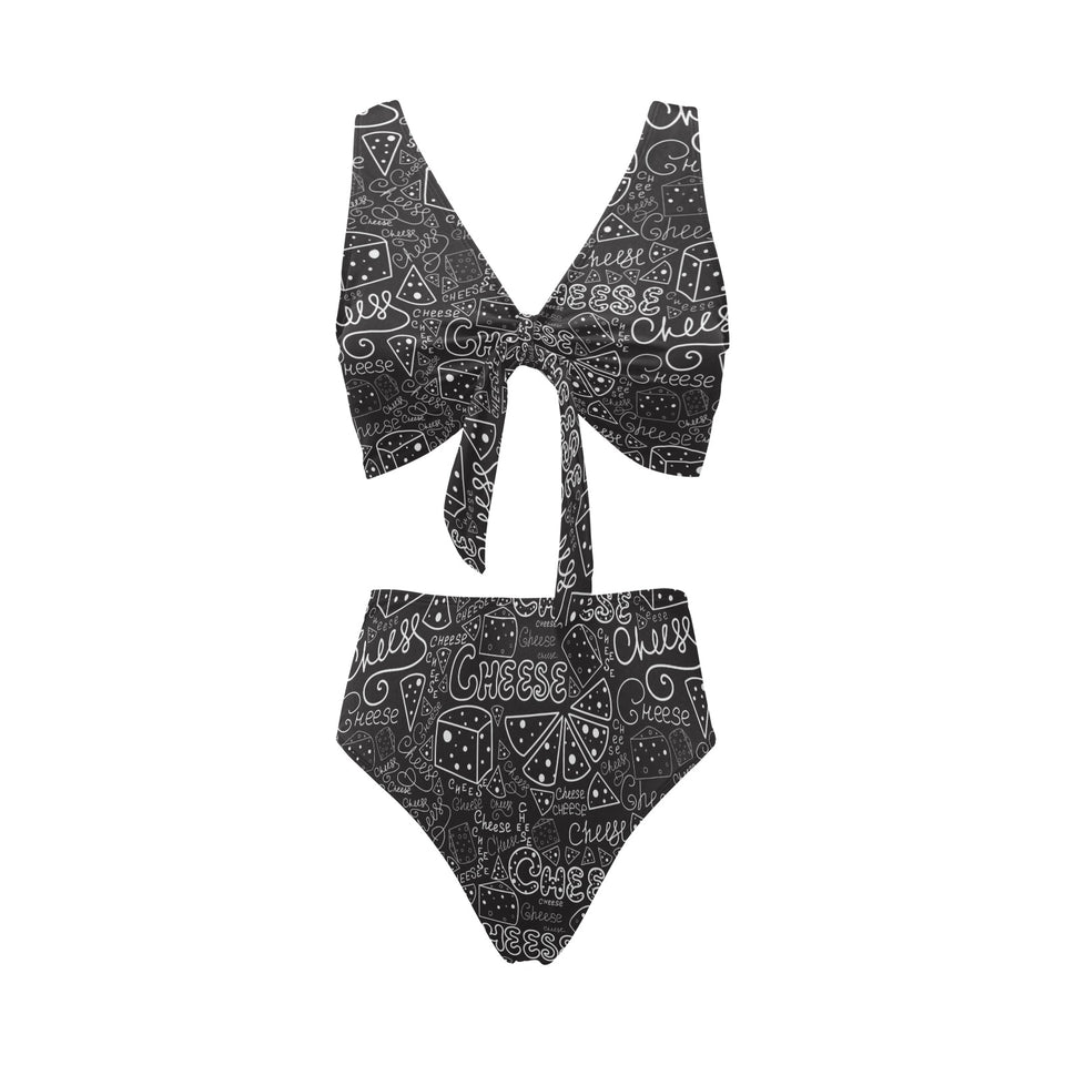 Handwritten cheese pattern Chest Bowknot High Waisted Bikini Swimsuit