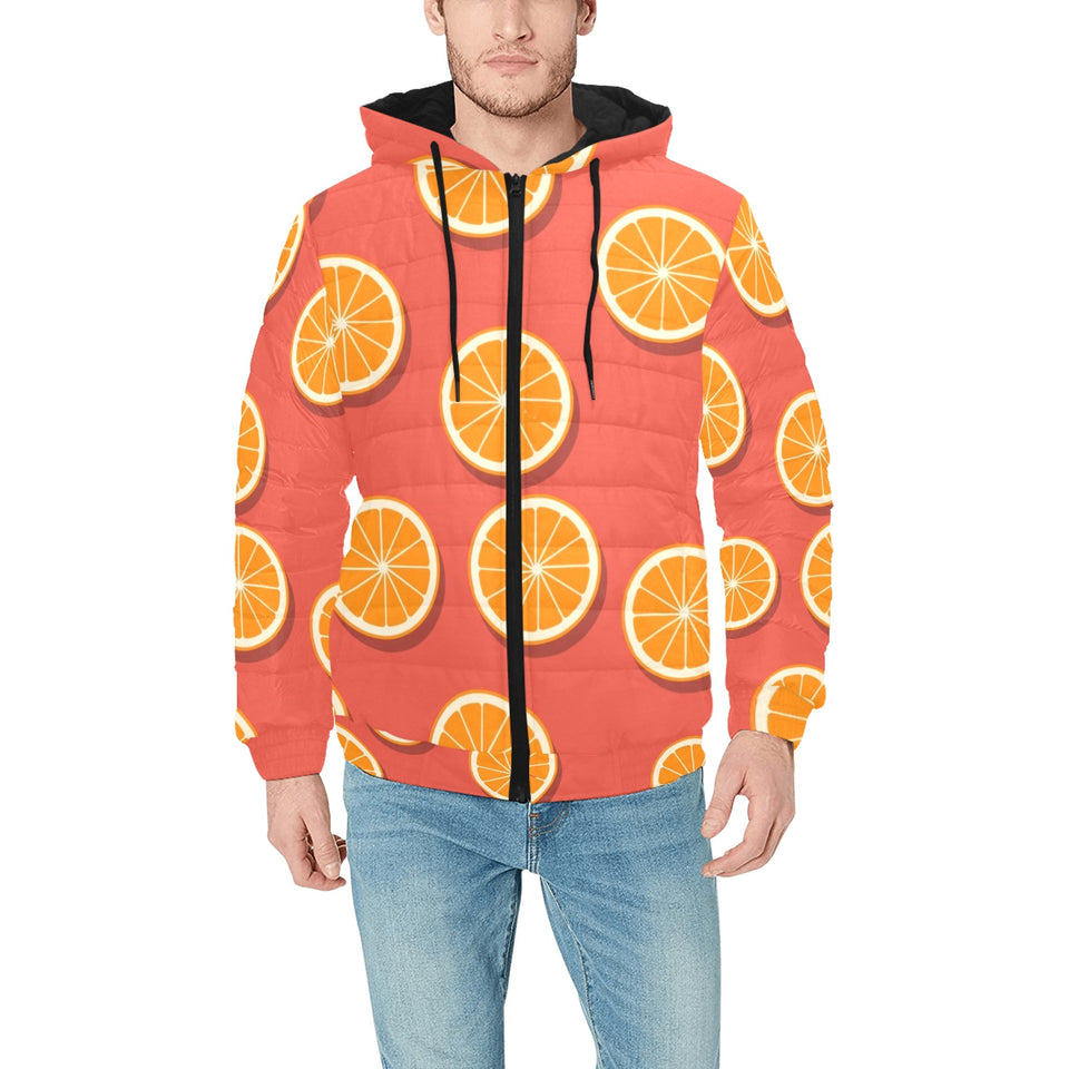 Oranges pattern red background Men's Padded Hooded Jacket