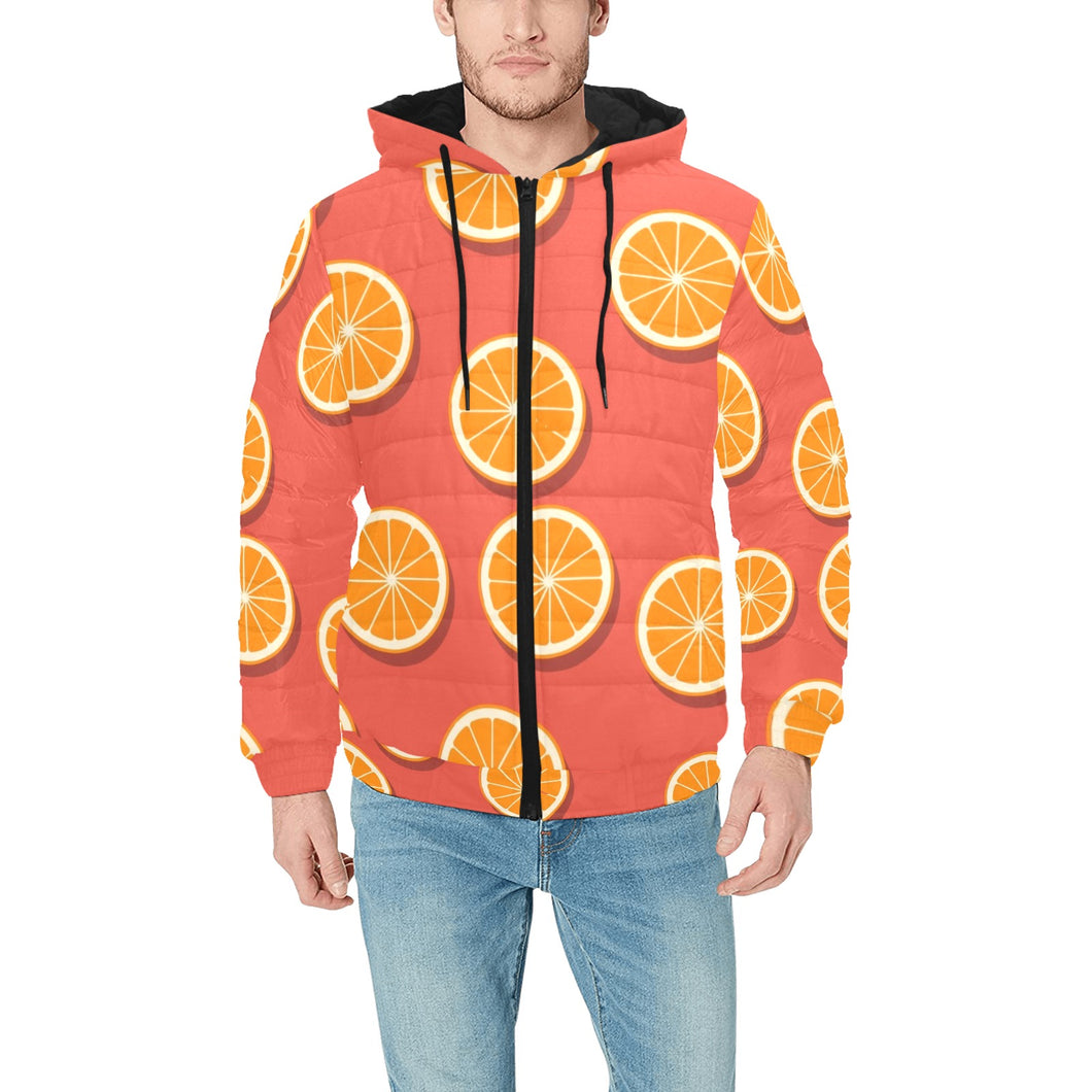 Oranges pattern red background Men's Padded Hooded Jacket