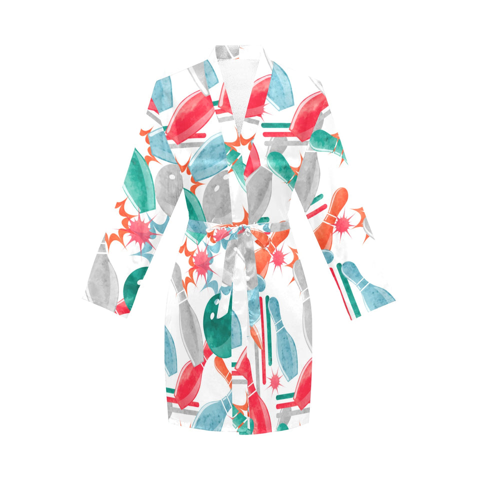 Watercolor bowling pattern Women's Long Sleeve Belted Night Robe