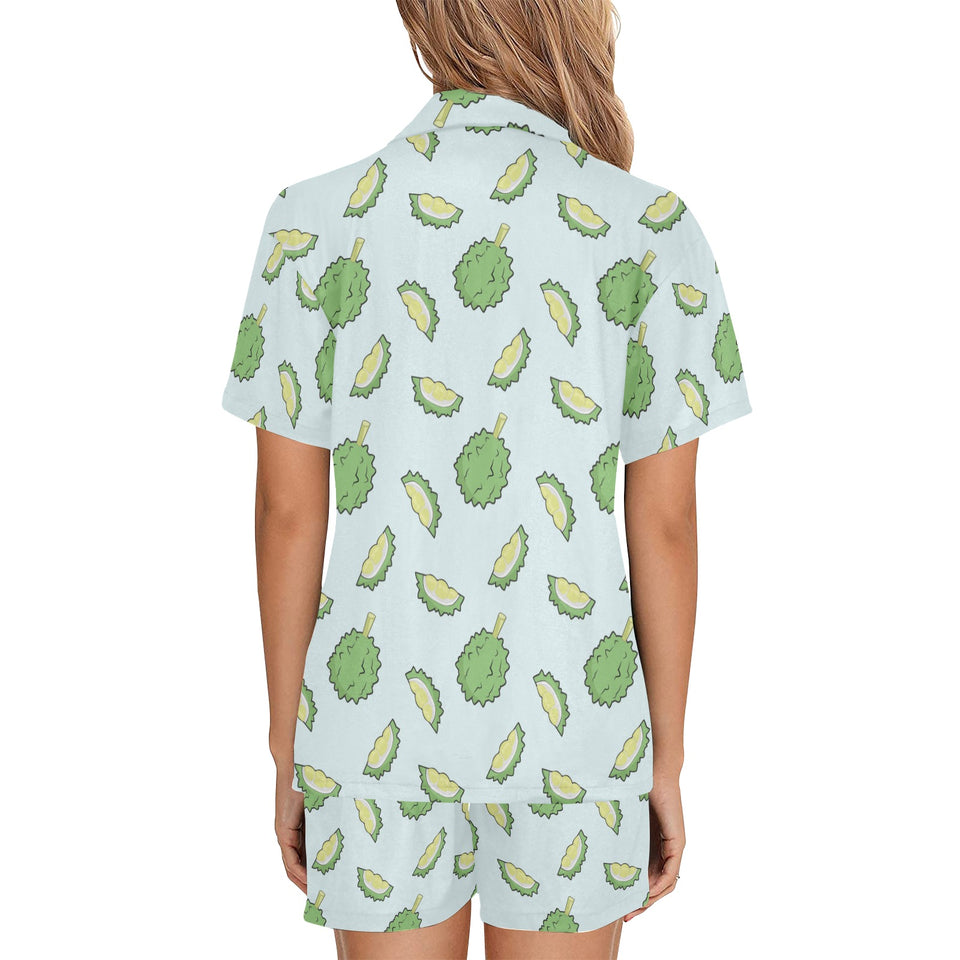 Durian pattern blue background Women's V-Neck Short Pajama Set