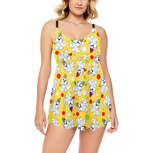 Yorkshire Terrier Pattern Print Design 05 Chest Sexy Pleated Two Piece Swim Dress