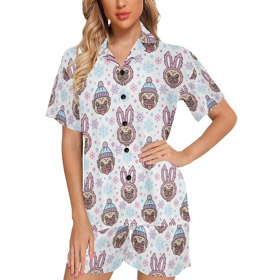 Cute pug hat rabbit costume pattern Women's V-Neck Short Pajama Set