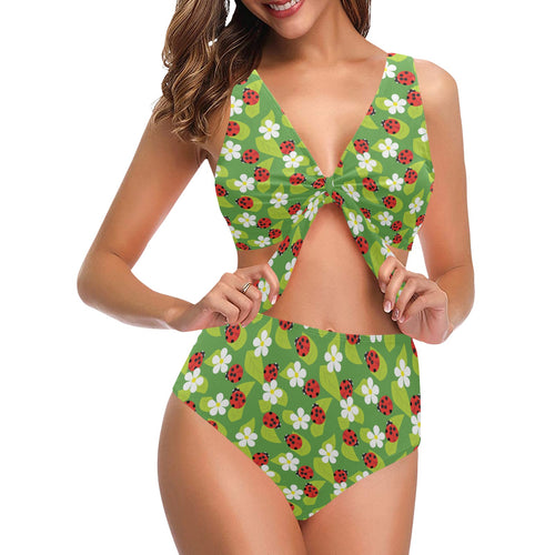 Ladybug Pattern Print Design 01 Chest Bowknot High Waisted Bikini Swimsuit