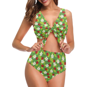 Ladybug Pattern Print Design 01 Chest Bowknot High Waisted Bikini Swimsuit