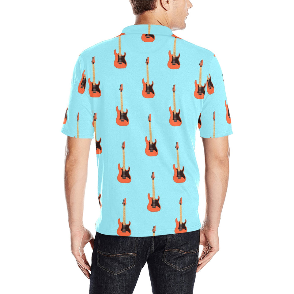 electric guitar pattern light blue background Men's All Over Print Polo Shirt