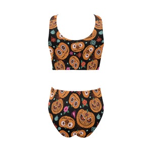 Pumpkin flowers spiderweb Halloween theme Chest Bowknot High Waisted Bikini Swimsuit